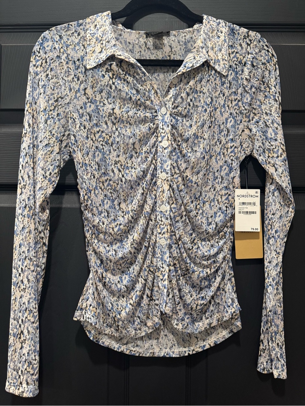 Halogen Blue and Cream Ruched Button-Front Blouse
